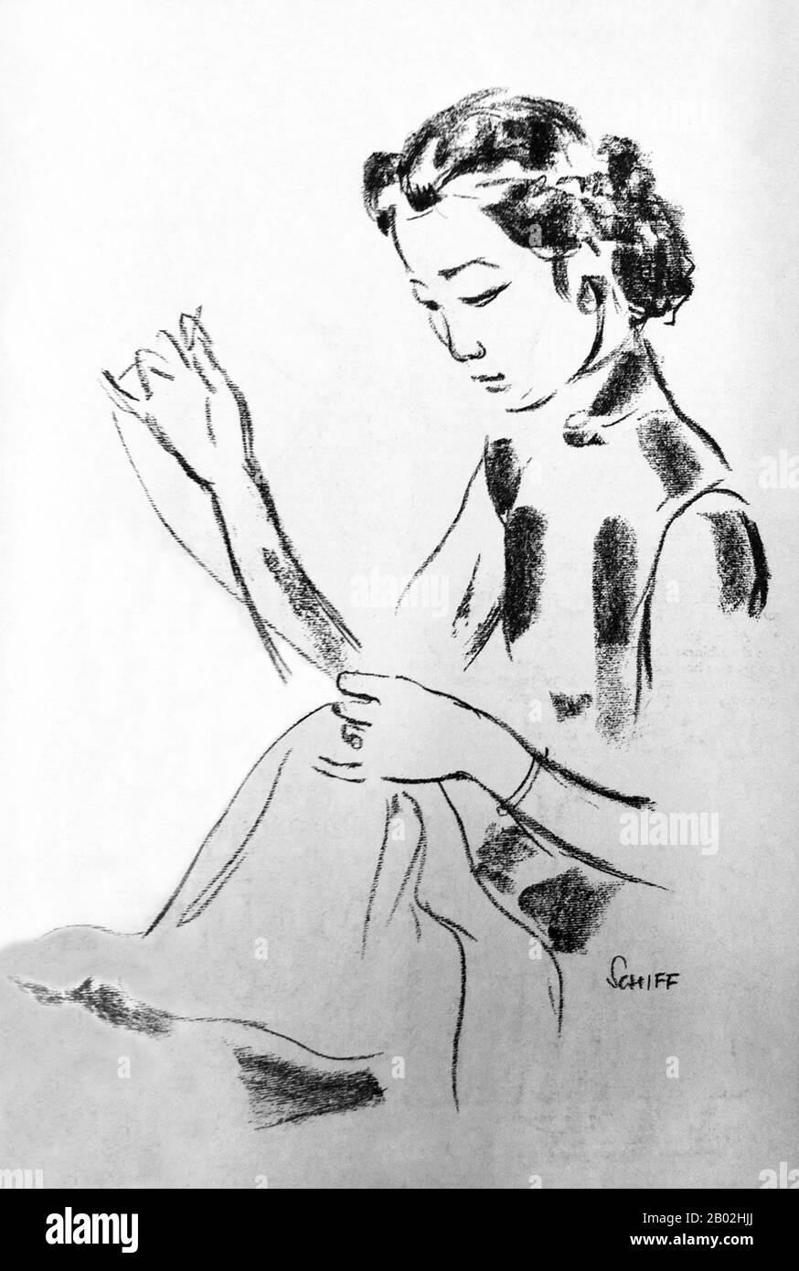 Illustration de l'artiste autrichien Friedrich Schiff, qui a vécu à Shanghai dans les années 1930 et 1940. Ses images illustrent en général l'atmosphère et l'indulgence de « quoi que ce soit » au milieu de la pauvreté qui a caractérisé le vieux Shanghai et qui sera bientôt mis fin à une brusque fin par l'invasion japonaise (1937) et la révolution communiste (1949). Ici, cependant, il tourne la main vers un sujet tout à fait plus austère et douloureux, le sort des Chinois chassés de leurs maisons par l'agression japonaise en 1937. Banque D'Images