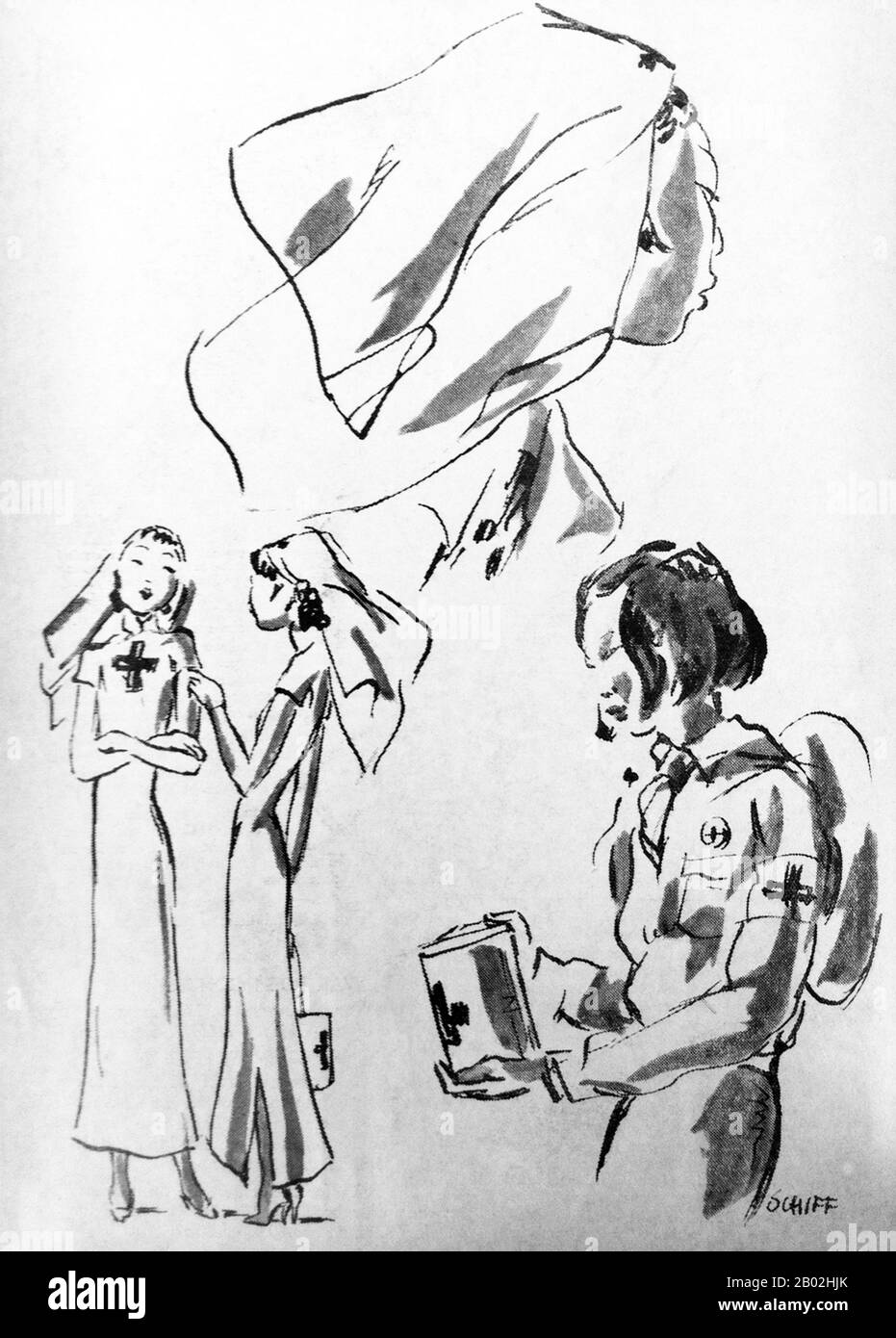 Illustration de l'artiste autrichien Friedrich Schiff, qui a vécu à Shanghai dans les années 1930 et 1940. Ses images illustrent en général l'atmosphère et l'indulgence de « quoi que ce soit » au milieu de la pauvreté qui a caractérisé le vieux Shanghai et qui sera bientôt mis fin à une brusque fin par l'invasion japonaise (1937) et la révolution communiste (1949). Ici, cependant, il tourne la main vers un sujet tout à fait plus austère et douloureux, le sort des Chinois chassés de leurs maisons par l'agression japonaise en 1937. Banque D'Images