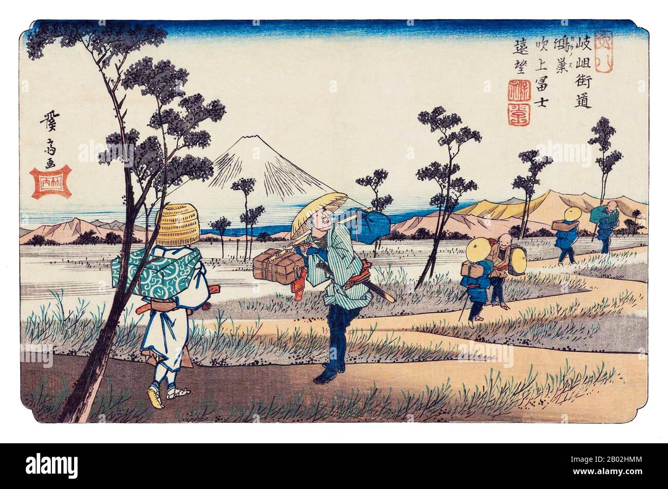 Les soixante-neuf stations de la route Kiso Kaidō (木曾街道六十九次 Kiso Kaidō Rokujūkyū-tsugi) ou soixante-neuf stations de la route Kiso, est une série d'œuvres ukiyo-e créées par Utagawa Hiroshige (1797-1858) et Keisai Eisen (1790-1848). Il y a 71 tirages au total dans la série (un pour chacune des 69 postes et Nihonbashi; Nakatsugawa-juku a deux tirages). Le nom commun pour le Kiso Kaidō est 'Nakasendō' ou 'Central Mountain Highway', donc cette série est aussi communément appelée les soixante-neuf stations du Nakasendō. Le Nakasendō était l'un des Cinq Itinéraires construits sous Tokugawa Ieyasu, a s Banque D'Images