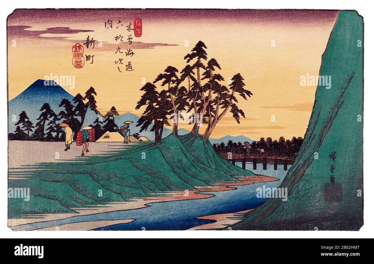 Les soixante-neuf stations de la route Kiso Kaidō (木曾街道六十九次 Kiso Kaidō Rokujūkyū-tsugi) ou soixante-neuf stations de la route Kiso, est une série d'œuvres ukiyo-e créées par Utagawa Hiroshige (1797-1858) et Keisai Eisen (1790-1848). Il y a 71 tirages au total dans la série (un pour chacune des 69 postes et Nihonbashi; Nakatsugawa-juku a deux tirages). Le nom commun pour le Kiso Kaidō est 'Nakasendō' ou 'Central Mountain Highway', donc cette série est aussi communément appelée les soixante-neuf stations du Nakasendō. Le Nakasendō était l'un des Cinq Itinéraires construits sous Tokugawa Ieyasu, a s Banque D'Images