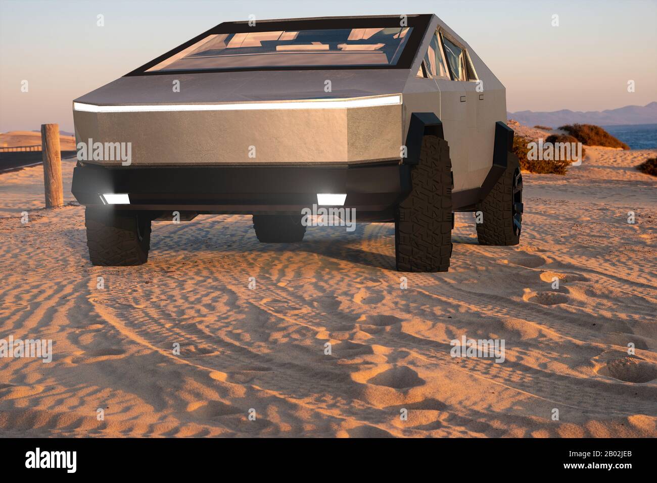 Tesla Cybertruck sur une route de désert d'asphalte.Szczecin, Pologne-janvier 2020 Banque D'Images