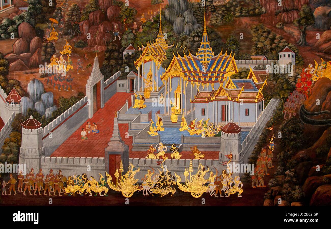 Le Ramayana est une histoire aussi ancienne que le temps et - du moins dans le sous-continent indien et dans une grande partie de l'Asie du Sud-est - d'une popularité inégalée. Il y a plus de deux mille trois cents ans, le poète universitaire Valmiki s'est assis pour écrire son épopée définitive d'amour et de guerre. Le poème Valmiki composé est appelé le Ramayana, ou 'Romance of Rama' dans Sanskrit. Dans sa forme actuelle, la version Sanskrit se compose de quelque 24 000 couplets répartis en sept livres. Le Ramakien est la version thaïlandaise de cette épopée et a une influence importante sur la littérature, l'art et le théâtre thaïlandais. Elle est considérée comme la Nationa Banque D'Images Le Ramayana est une histoire aussi ancienne que le temps et - du moins dans le sous-continent indien et dans une grande partie de l'Asie du Sud-est - d'une popularité inégalée. Il y a plus de deux mille trois cents ans, le poète universitaire Valmiki s'est assis pour écrire son épopée définitive d'amour et de guerre. Le poème Valmiki composé est appelé le Ramayana, ou 'Romance of Rama' dans Sanskrit. Dans sa forme actuelle, la version Sanskrit se compose de quelque 24 000 couplets répartis en sept livres. Le Ramakien est la version thaïlandaise de cette épopée et a une influence importante sur la littérature, l'art et le théâtre thaïlandais. Elle est considérée comme la Nationa Banque D'Images