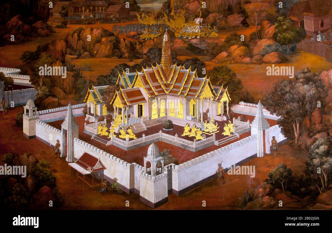 Le Ramayana est une histoire aussi ancienne que le temps et - du moins dans le sous-continent indien et dans une grande partie de l'Asie du Sud-est - d'une popularité inégalée. Il y a plus de deux mille trois cents ans, le poète universitaire Valmiki s'est assis pour écrire son épopée définitive d'amour et de guerre. Le poème Valmiki composé est appelé le Ramayana, ou 'Romance of Rama' dans Sanskrit. Dans sa forme actuelle, la version Sanskrit se compose de quelque 24 000 couplets répartis en sept livres. Le Ramakien est la version thaïlandaise de cette épopée et a une influence importante sur la littérature, l'art et le théâtre thaïlandais. Elle est considérée comme la Nationa Banque D'Images Le Ramayana est une histoire aussi ancienne que le temps et - du moins dans le sous-continent indien et dans une grande partie de l'Asie du Sud-est - d'une popularité inégalée. Il y a plus de deux mille trois cents ans, le poète universitaire Valmiki s'est assis pour écrire son épopée définitive d'amour et de guerre. Le poème Valmiki composé est appelé le Ramayana, ou 'Romance of Rama' dans Sanskrit. Dans sa forme actuelle, la version Sanskrit se compose de quelque 24 000 couplets répartis en sept livres. Le Ramakien est la version thaïlandaise de cette épopée et a une influence importante sur la littérature, l'art et le théâtre thaïlandais. Elle est considérée comme la Nationa Banque D'Images