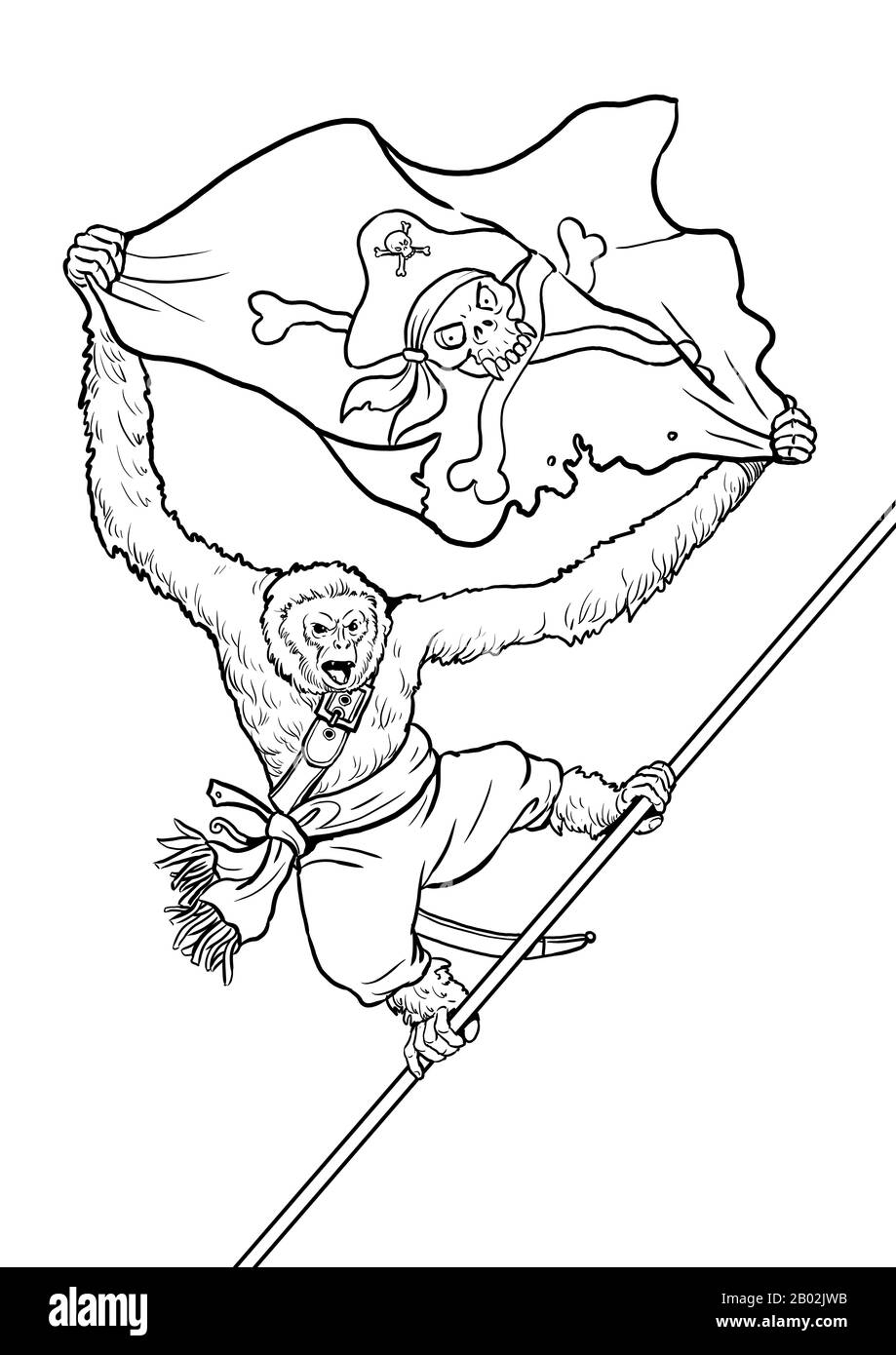 Gibbon avec page de coloration de drapeau pirate. Illustration clipart du contour. Singe et singes pirate la feuille de coloriage. Banque D'Images