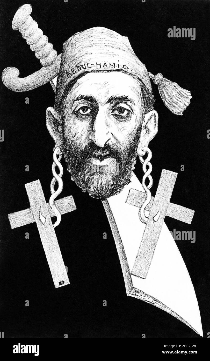 Abdul Hamid II (turc ottoman: عبد الحميد ثانی, `Abdü’l-Ḥamīd-i sânabi; turc: İkinci Abdülhamit; 22 septembre 1842 – 10 février 1918) était le 34ème sultan de l’Empire ottoman et le dernier sultan à exercer un contrôle autocratique efficace sur l’état fracturant. Il a supervisé une période de déclin de la puissance et de l'étendue de l'Empire, y compris des pogroms et des massacres gouvernementaux à grande échelle contre les minorités de l'Empire (appelés massacres d'Hamidian après lui) ainsi qu'une tentative d'assassinat, Décision du 31 août 1876 jusqu'à ce qu'il soit déposé peu de temps après la Révolution jeune Turque de 1908, on Banque D'Images