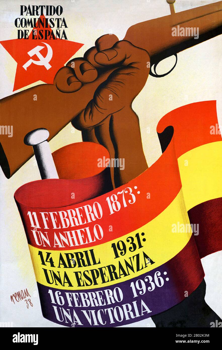 La guerre civile espagnole a été combattue du 17 juillet 1936 au 1er avril 1939 entre les Républicains, loyaux à la République espagnole démocratiquement élue, et les nationalistes, un groupe rebelle dirigé par le général Francisco Franco. Les nationalistes l'ont emporté, et Franco a dirigé l'Espagne pour les 36 prochaines années, de 1939 à sa mort en 1975. Les nationalistes ont avancé de leurs bastions dans le sud et l'ouest, capturant la majeure partie de la côte nord de l'Espagne en 1937. Ils ont également assiégé Madrid et la région au sud et à l'ouest pour une grande partie de la guerre. Capturer de grandes parties de la Catalogne en 1938 et 1939, le W Banque D'Images
