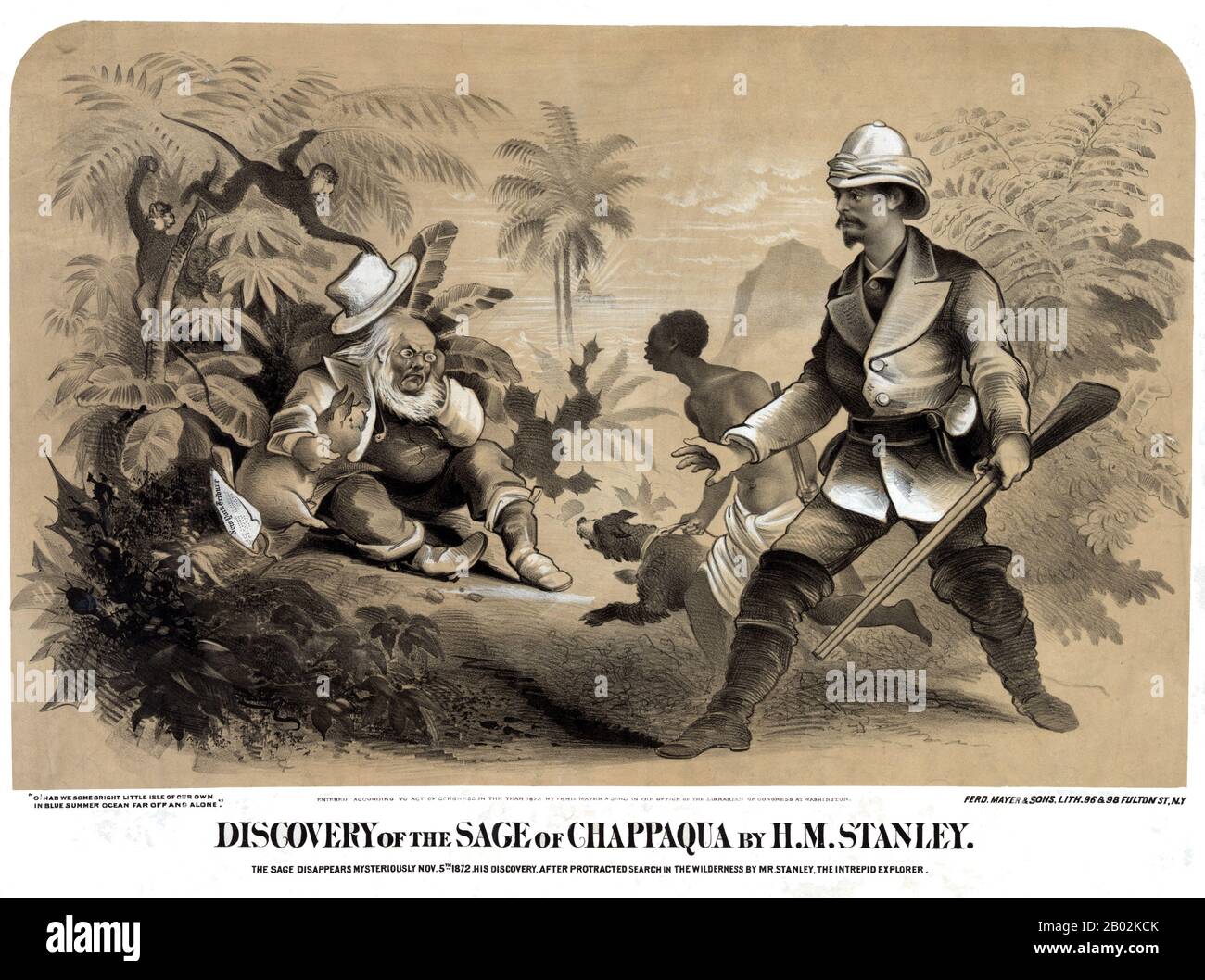 Caricature d'Horace Greeley, commentant (ou peut-être anticipant) sa disparition de la vie publique après sa défaite aux élections présidentielles du 5 novembre. Le journaliste Henry Morton Stanley, célèbre pour avoir trouvé David Livingstone en Afrique de l'est en 1871, découvre Horace Greeley dans une jungle. Stanley possède un fusil et est accompagné d'un jeune africain qui guide un chien. Greeley est montré embrassant un cochon, avec une copie de la "Tribune" de New York à son côté. Dans un arbre derrière lui, un singe joue avec le chapeau blanc de marque de Greeley, tandis qu'un autre atteint pour une noix de coco. Le Capitole des États-Unis brille Banque D'Images