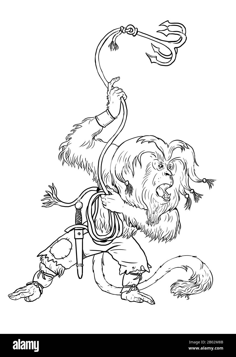 Page de coloration de pirate de macaque à queue de lion. Illustration de clipart de contour drôle. Singe et singes pirate la feuille de coloriage. Banque D'Images