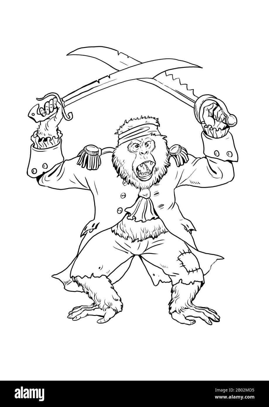 Macaque japonais avec page de coloration sabre pirate. Illustration de clipart de contour drôle. Singe et singes pirate la feuille de coloriage. Banque D'Images