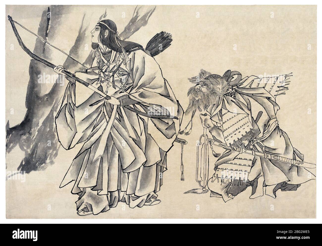 Empress Jingu a été consort à l'empereur Chuai (théoriquement 192 – 200 ce), elle a aussi servi de régent depuis la mort de son mari en 209 jusqu'à ce que son fils l'empereur Ōjin ait accédé au trône en 269. Aucune date ferme ne peut être attribuée à la vie ou au règne de ce personnage historique. Jingū est considéré par les historiens comme une figure «légendaire» à cause de la pénurie d'informations sur elle. La légende veut qu'elle ait dirigé une armée dans une invasion de la Corée et qu'elle soit retournée au Japon victorieuse après trois ans. Cependant, cette théorie est largement rejetée même au Japon car il n'y a aucune preuve de la règle japonaise dans aucune partie de Kor Banque D'Images