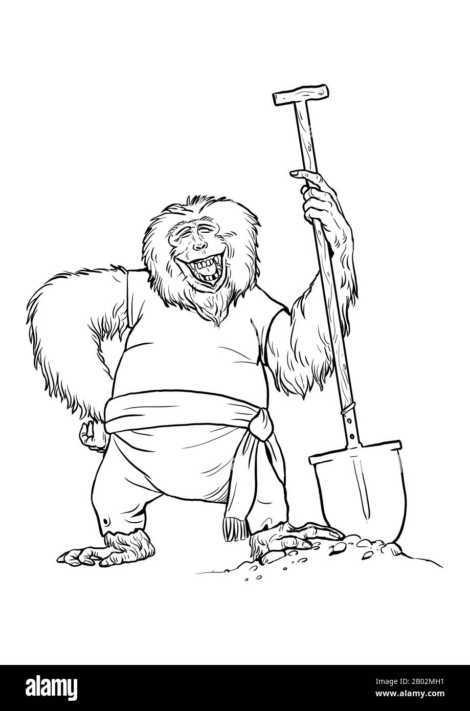 Macaque japonais avec page de coloration de pelle. Illustration de clipart de contour drôle. Singe et singes pirate la feuille de coloriage. Banque D'Images