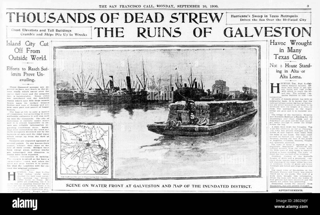 L'ouragan de 1900 a fait la terre le 8 septembre 1900, dans la ville de Galveston, Texas, aux États-Unis. Il avait estimé des vents de 233 km/h à l'automne, ce qui en faisait une tempête de catégorie 4 sur l'échelle de l'ouragan Saffir–Simpson. C'était l'ouragan le plus meurtrier de l'histoire des États-Unis. L'ouragan a causé de grandes pertes de vie avec le nombre estimé de morts entre 6 000 et 12 000 personnes; le nombre le plus cité dans les rapports officiels est de 8 000, donnant à la tempête le troisième plus grand nombre de morts ou de blessures de tout ouragan de l'Atlantique, après le grand ouragan de 1780 et de la Hurrica de 1998 Banque D'Images