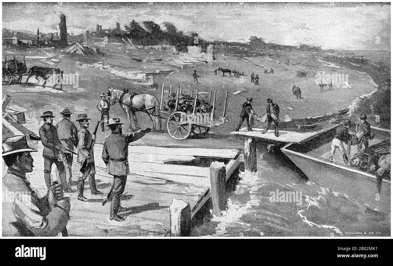 L'ouragan de 1900 a fait la terre le 8 septembre 1900, dans la ville de Galveston, Texas, aux États-Unis. Il avait estimé des vents de 233 km/h à l'automne, ce qui en faisait une tempête de catégorie 4 sur l'échelle de l'ouragan Saffir–Simpson. C'était l'ouragan le plus meurtrier de l'histoire des États-Unis. L'ouragan a causé de grandes pertes de vie avec le nombre estimé de morts entre 6 000 et 12 000 personnes; le nombre le plus cité dans les rapports officiels est de 8 000, donnant à la tempête le troisième plus grand nombre de morts ou de blessures de tout ouragan de l'Atlantique, après le grand ouragan de 1780 et de la Hurrica de 1998 Banque D'Images