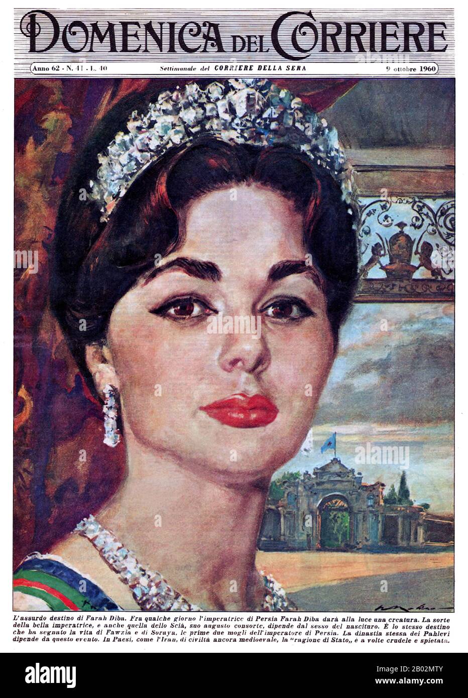 Farah Pahlavi (né Farah Diba, 14 octobre 1938, Téhéran); Perse: فرح پهلوی, est l'ancienne reine et impératrice de l'Iran. Elle est la veuve de Mohammad Reza Pahlavi, le Shah d'Iran, et seule impératrice (Shahbanou) d'Iran moderne. Elle fut reine consort de l'Iran de 1959 à 1967 et impératrice consort de 1967 jusqu'à l'exil en 1979. Bien que les titres et les distinctions de la famille impériale iranienne aient été supprimés en Iran par le gouvernement islamique, elle est toujours appelée Empress ou Shahbanou, par courtoisie, par les médias étrangers ainsi que par les partisans de la monarchie. Certains pays comme l'Uni Banque D'Images