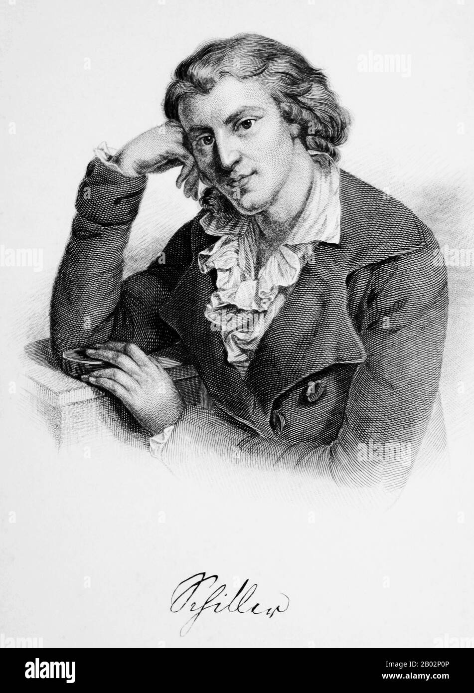 Johann Christoph Friedrich von Schiller (10 novembre 1759 – 9 mai 1805) était poète, philosophe, historien et dramaturge allemand. Au cours des dix-sept dernières années de sa vie (1788–1805), Schiller a noué une amitié productive avec Johann Wolfgang von Goethe. Ils ont souvent discuté de questions concernant l'esthétique, et Schiller a encouragé Goethe à terminer les travaux qu'il a laissés comme croquis. Cette relation et ces discussions ont conduit à une période maintenant appelée le classicisme de Weimar. Schiller est considéré par la plupart des Allemands comme le dramaturge classique le plus important d'Allemagne. Banque D'Images