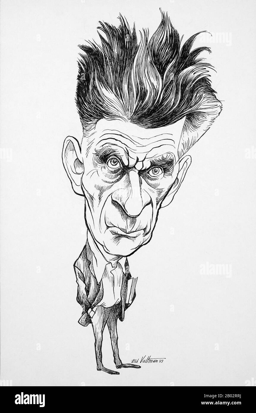 Samuel Barclay Beckett (13 avril 1906 – 22 décembre 1989) était un romancier irlandais d'avant-garde, dramaturge, directeur de théâtre et poète, qui a vécu à Paris pour la plupart de sa vie adulte et a écrit en anglais et en français. Son travail offre une vision sombre et tragicomique sur la nature humaine, souvent associée à la comédie noire et à l'humour galère. Beckett est largement considéré comme l'un des écrivains les plus influents du XXe siècle. Il est considéré comme l'un des derniers modernistes. En tant qu'inspiration pour de nombreux écrivains plus tard, il est aussi parfois considéré comme l'un des premiers postmodernistes. Beckett a reçu le non de 1969 Banque D'Images