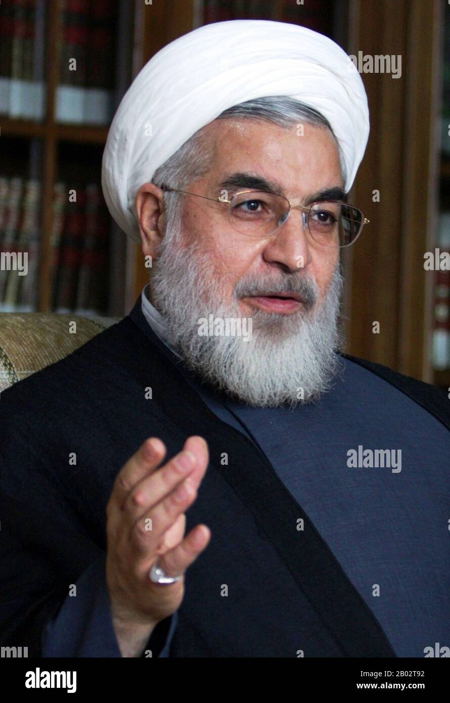 Hassan Rouhani est le septième président de l'Iran, en fonction depuis 2013. Il est également un ancien législateur, universitaire et diplomate. Il est membre de l'Assemblée d'experts de l'Iran depuis 1999, membre du Conseil D'Opportunisme depuis 1991 et membre du Conseil suprême de sécurité nationale depuis 1989. Banque D'Images