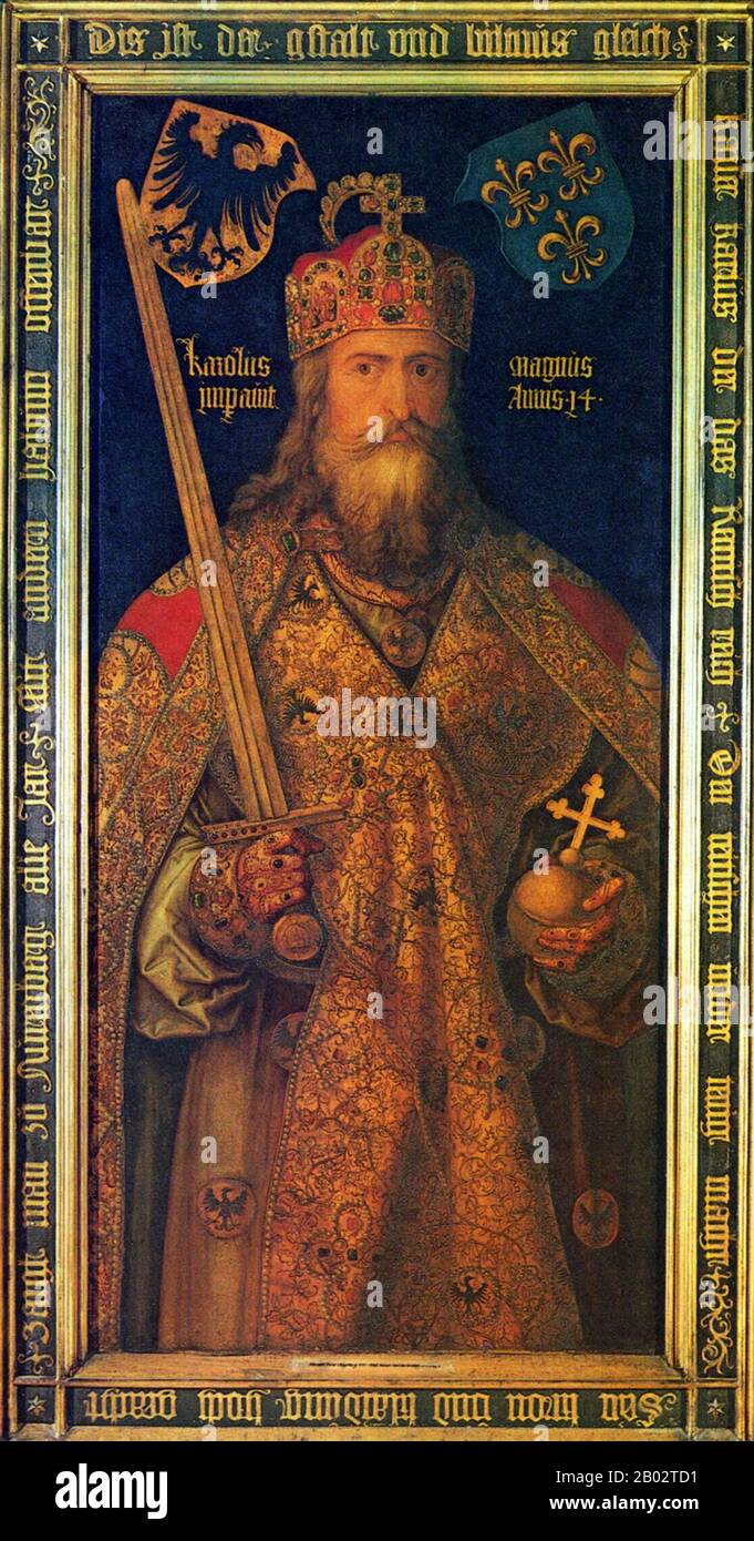 Charlemagne (2 avril 742 – 28 janvier 814 ce), également connu sous le nom de Charles le Grand (latin : Carolus ou Karolus Magnus, français : Charles le Grand ou Charlemagne, allemand : Karl der Grosse, italien : Carlo Magno ou Carlomagno) ou Charles I, était le roi des francs qui unis la plupart de l'Europe occidentale au Moyen âge et a posé les bases de la France moderne et de l'Allemagne. Il prit le trône de Frankish à partir de 768 et devint roi d'Italie à partir de 774. À partir de 800 il est devenu le premier empereur romain Saint - le premier empereur romain reconnu en Europe occidentale depuis l'effondrement de l'Empire romain occidental trois centenaire Banque D'Images