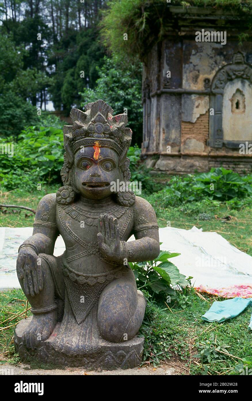 La déité hindoue Hanuman est un dévoté ardent de Rama, un personnage central dans l'épopée indienne Ramayana. Général parmi les vanaras, une race de type singe de citadins forestiers, Hanuman est une incarnation du divin et disciple du Seigneur Sri Rama dans la lutte contre le démon roi Ravana. Banque D'Images