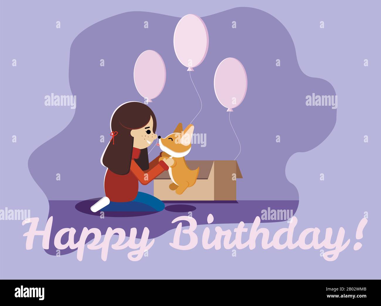 Joyeux Anniversaire Carte De Voeux Avec Une Jeune Fille Chiot Corgi Gallois Mignon Et Sucre Ballons Roses Boite Image Vectorielle Stock Alamy