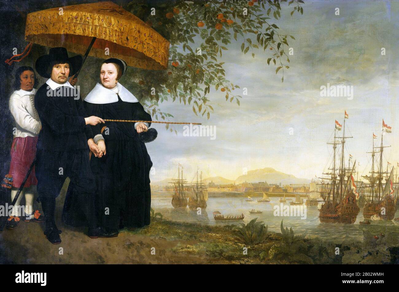 Pays-Bas / Indonésie: Un commerçant principal de la Dutch East India Company, vraisemblablement Jacob Mathieusen, et son épouse à Batavia (Jakarta).Peinture à l'huile sur toile par Aelbert Cuyp (1620-1691), c.1640-1660.Tandis que Mathieusen et sa femme s'habillent dans le style protestant hollandais demure de l'époque, leur esclave survêtu tient un parasol, ou 'pajong', au-dessus d'eux.Avec sa canne, le marchand indique une flotte de navires appartenant à la Dutch East India Company (VOC).En arrière-plan se trouve la ville partiellement fortifiée de Batavia, le centre des opérations du COV en Asie. Banque D'Images