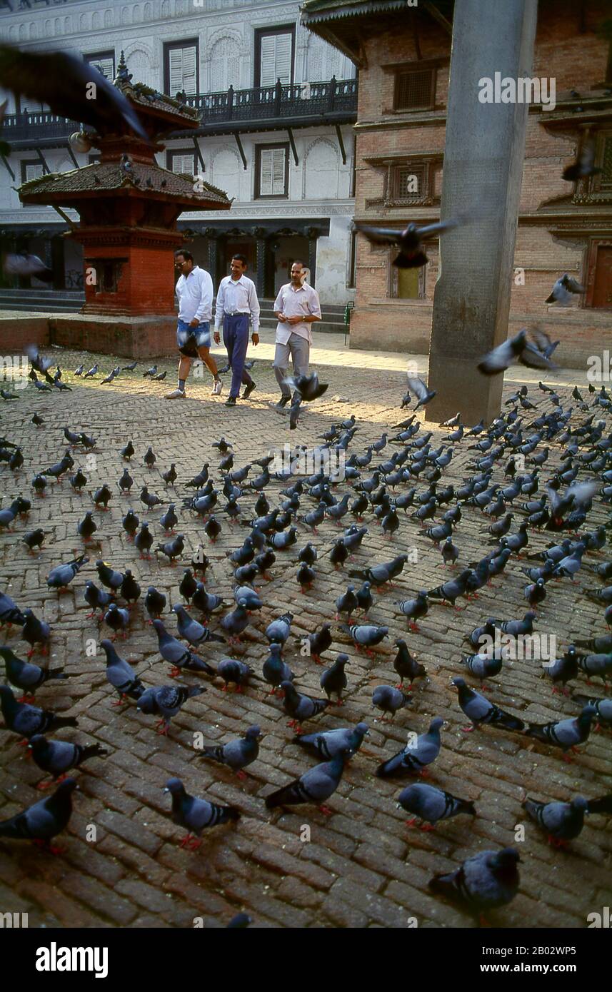 Englobant un ancien palais royal, une richesse de temples et de nombreux autres monuments, la place Durbar est le centre historique et spirituel de Katmandou. La place, après des années de négligence, a été rénovée en 1972-1975 dans le projet Hanuman Dhoka, initié après l'ascension au trône du roi Birendra. 'urbar', ou bien darbar, signifie palais royal ou cour royale, mais les habitants préfèrent appeler la place Hanuman Dhoka, 'Hanuman's Gate', après l'étroite porte du palais qui est gardée par une figure rouge cramoisi du singe dieu Hanuman. Le personnage a été créé en 1862 pour protéger la porte de malchance et Banque D'Images