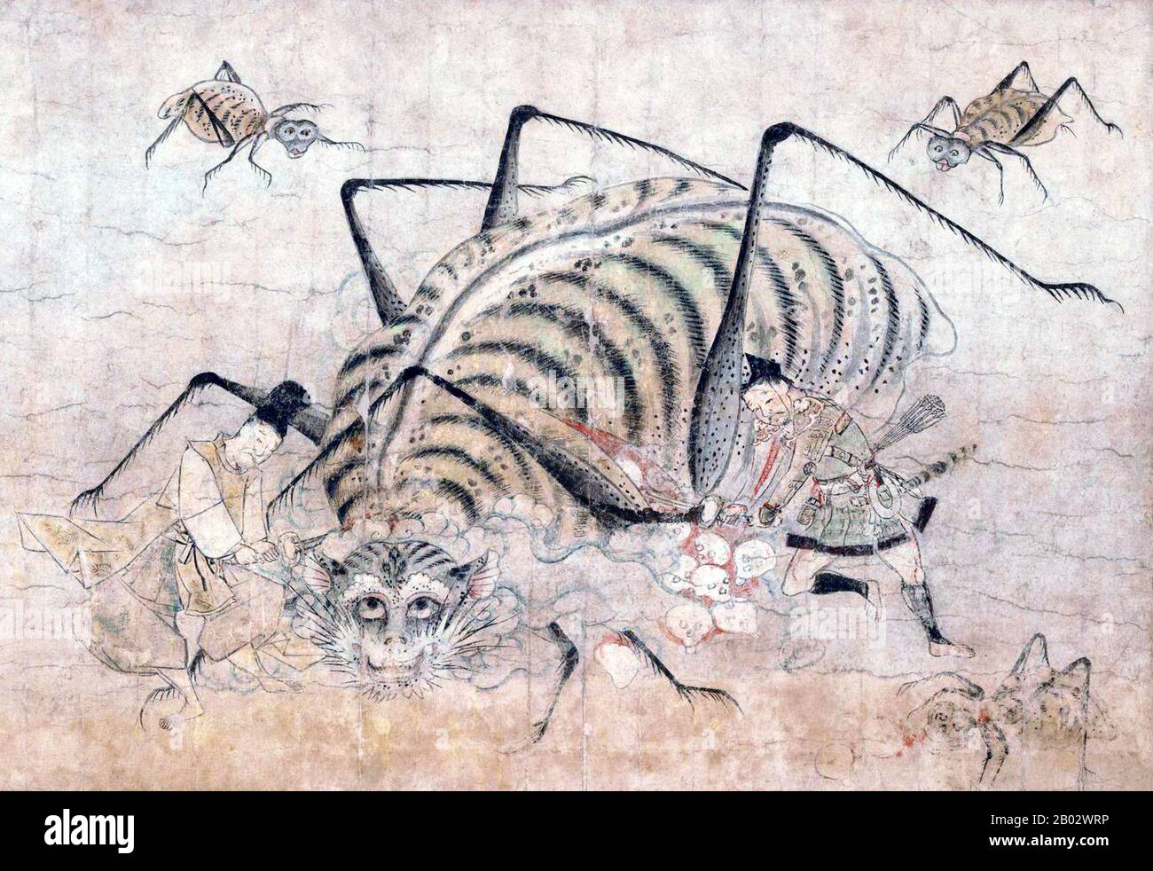 Tsuchigumo sont des créatures monstrueuses avec le corps d'un tigre, les membres d'une araignée et le visage d'un démon. Ils capturent, lient et mangent des voyageurs méfiants. Lorsque Minamoto no Yorimitsu a tué un Tsuchigumo, 1 990 crânes humains sont tombés de son ventre. Le Tsuchigumo no Zoshi Emaki (récit le défilement de l'histoire de l'araignée de la terre est un défilement d'image représentant une histoire d'une bataille entre Tsuchigumo et Minamoto no Yorimitsu, un général de la période mi-Heian. L'histoire est bien connue comme un épisode à Taiheiki (un conte de guerriers) et la chanson Noh 'Tsuchigumo'. Banque D'Images