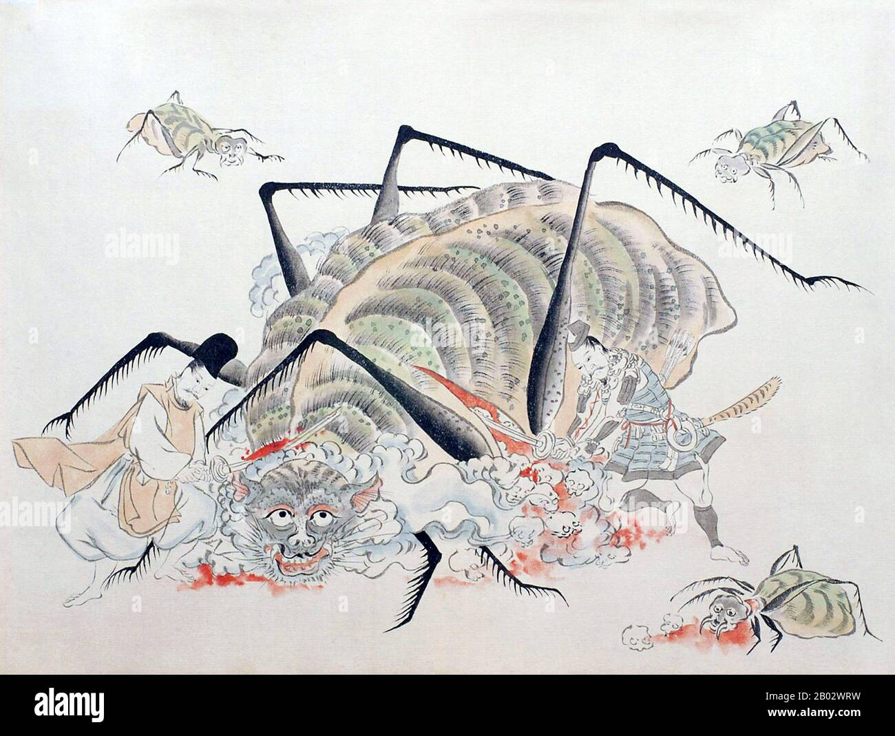 Tsuchigumo sont des créatures monstrueuses avec le corps d'un tigre, les membres d'une araignée et le visage d'un démon. Ils capturent, lient et mangent des voyageurs méfiants. Lorsque Minamoto no Yorimitsu a tué un Tsuchigumo, 1 990 crânes humains sont tombés de son ventre. Le Tsuchigumo no Zshi Emaki (le défilement narratif de l'histoire de l'araignée terrestre est un défilement d'image représentant une histoire d'une bataille entre Tsuchigumo et Minamoto no Yorimitsu, un général de la période du Moyen-Heian. L'histoire est bien connue comme un épisode à Taiheiki (un conte de guerriers) et la chanson Noh 'Tsuchigumo'. Banque D'Images
