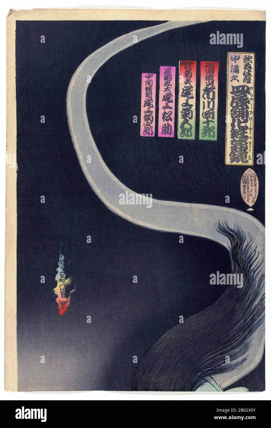 Toyohara Kunichika (30 juin 1835 – 1er juillet 1900) était un artiste japonais de l'imprimerie de bois. Doué comme enfant, à environ treize ans, il est devenu étudiant de l'ancien chef de file de Tokyo, Utagawa Kunisada. Sa profonde appréciation et sa connaissance du drame kabuki ont conduit à sa production principalement de ukiyo-e acteurs-empreintes, qui sont des gravures de bois des acteurs kabuki et des scènes de pièces populaires de l'époque. Un buveur et un womanizer, Kunichika a également décrit des femmes réputées belles (bijinga), la vie sociale contemporaine, et quelques paysages et des scènes historiques. Il a travaillé avec succès dans la période Edo, et CA Banque D'Images