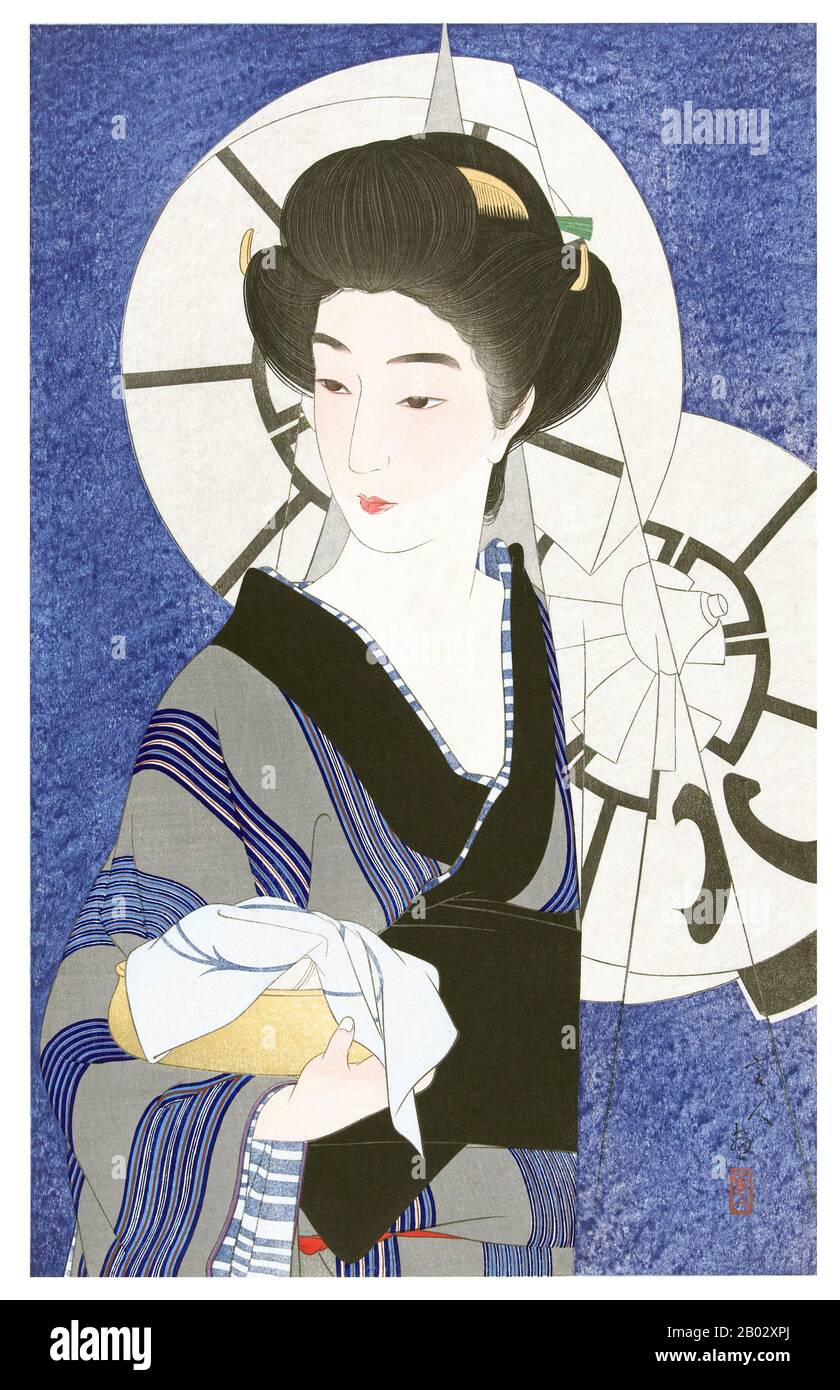 Torii Kotondo est connu pour avoir fait seulement 21 tirages - tous des images de bijin ou de belles femmes. Ils appartiennent aux plus belles œuvres d'art du mouvement Shin Hanga. Shin hanga (« nouveaux tirages ») était un mouvement artistique au début du XXe siècle au Japon, pendant les périodes Taisho et Showa, qui a revitalisé l'art ukiyo-e traditionnel enraciné dans les périodes Edo et Meiji (XVIIe et XIXe siècle). Le mouvement a prospéré entre 1915 et 1942, bien qu'il ait repris brièvement de 1946 à 1950. Inspirés par l'impressionnisme européen, les artistes ont incorporé des éléments occidentaux tels que les effets de la lumière et du Banque D'Images