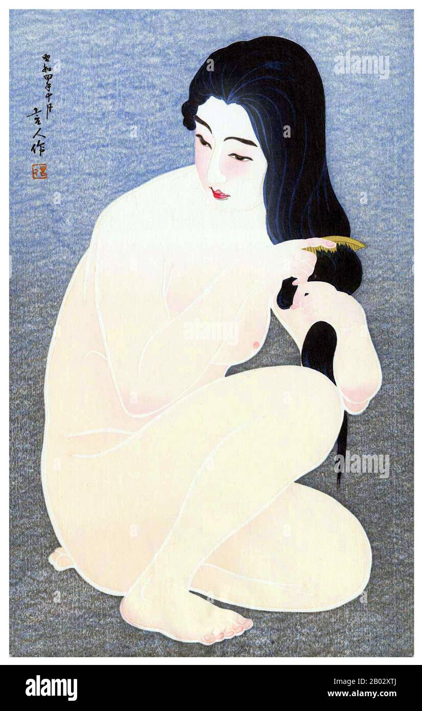 Torii Kotondo est connu pour avoir fait seulement 21 tirages - tous des images de bijin ou de belles femmes. Ils appartiennent aux plus belles œuvres d'art du mouvement Shin Hanga. Shin hanga (« nouveaux tirages ») était un mouvement artistique au début du XXe siècle au Japon, pendant les périodes Taisho et Showa, qui a revitalisé l'art ukiyo-e traditionnel enraciné dans les périodes Edo et Meiji (XVIIe et XIXe siècle). Le mouvement a prospéré entre 1915 et 1942, bien qu'il ait repris brièvement de 1946 à 1950. Inspirés par l'impressionnisme européen, les artistes ont incorporé des éléments occidentaux tels que les effets de la lumière et du Banque D'Images
