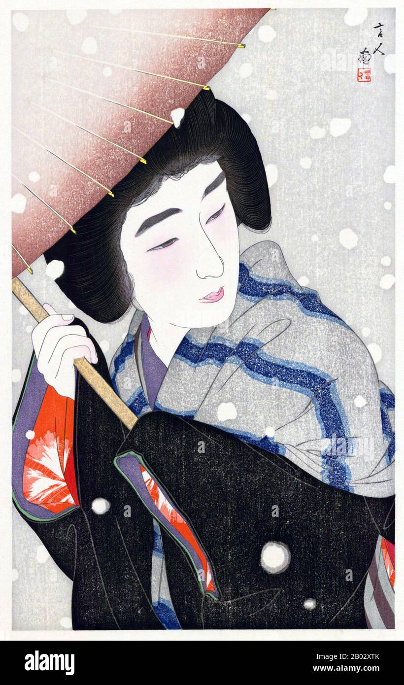 Torii Kotondo est connu pour avoir fait seulement 21 tirages - tous des images de bijin ou de belles femmes. Ils appartiennent aux plus belles œuvres d'art du mouvement Shin Hanga. Shin hanga (« nouveaux tirages ») était un mouvement artistique au début du XXe siècle au Japon, pendant les périodes Taisho et Showa, qui a revitalisé l'art ukiyo-e traditionnel enraciné dans les périodes Edo et Meiji (XVIIe et XIXe siècle). Le mouvement a prospéré entre 1915 et 1942, bien qu'il ait repris brièvement de 1946 à 1950. Inspirés par l'impressionnisme européen, les artistes ont incorporé des éléments occidentaux tels que les effets de la lumière et du Banque D'Images