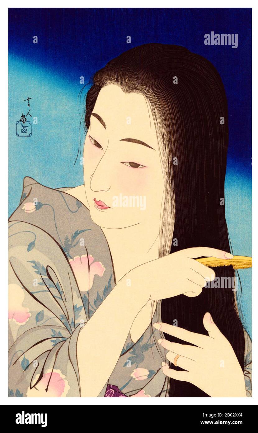 Torii Kotondo est connu pour avoir fait seulement 21 tirages - tous des images de bijin ou de belles femmes. Ils appartiennent aux plus belles œuvres d'art du mouvement Shin Hanga. Shin hanga (« nouveaux tirages ») était un mouvement artistique au début du XXe siècle au Japon, pendant les périodes Taisho et Showa, qui a revitalisé l'art ukiyo-e traditionnel enraciné dans les périodes Edo et Meiji (XVIIe et XIXe siècle). Le mouvement a prospéré entre 1915 et 1942, bien qu'il ait repris brièvement de 1946 à 1950. Inspirés par l'impressionnisme européen, les artistes ont incorporé des éléments occidentaux tels que les effets de la lumière et du Banque D'Images
