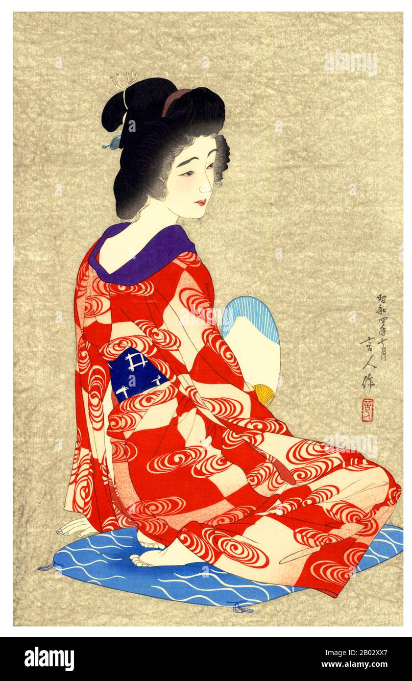 Torii Kotondo est connu pour avoir fait seulement 21 tirages - tous des images de bijin ou de belles femmes. Ils appartiennent aux plus belles œuvres d'art du mouvement Shin Hanga. Shin hanga (« nouveaux tirages ») était un mouvement artistique au début du XXe siècle au Japon, pendant les périodes Taisho et Showa, qui a revitalisé l'art ukiyo-e traditionnel enraciné dans les périodes Edo et Meiji (XVIIe et XIXe siècle). Le mouvement a prospéré entre 1915 et 1942, bien qu'il ait repris brièvement de 1946 à 1950. Inspirés par l'impressionnisme européen, les artistes ont incorporé des éléments occidentaux tels que les effets de la lumière et du Banque D'Images