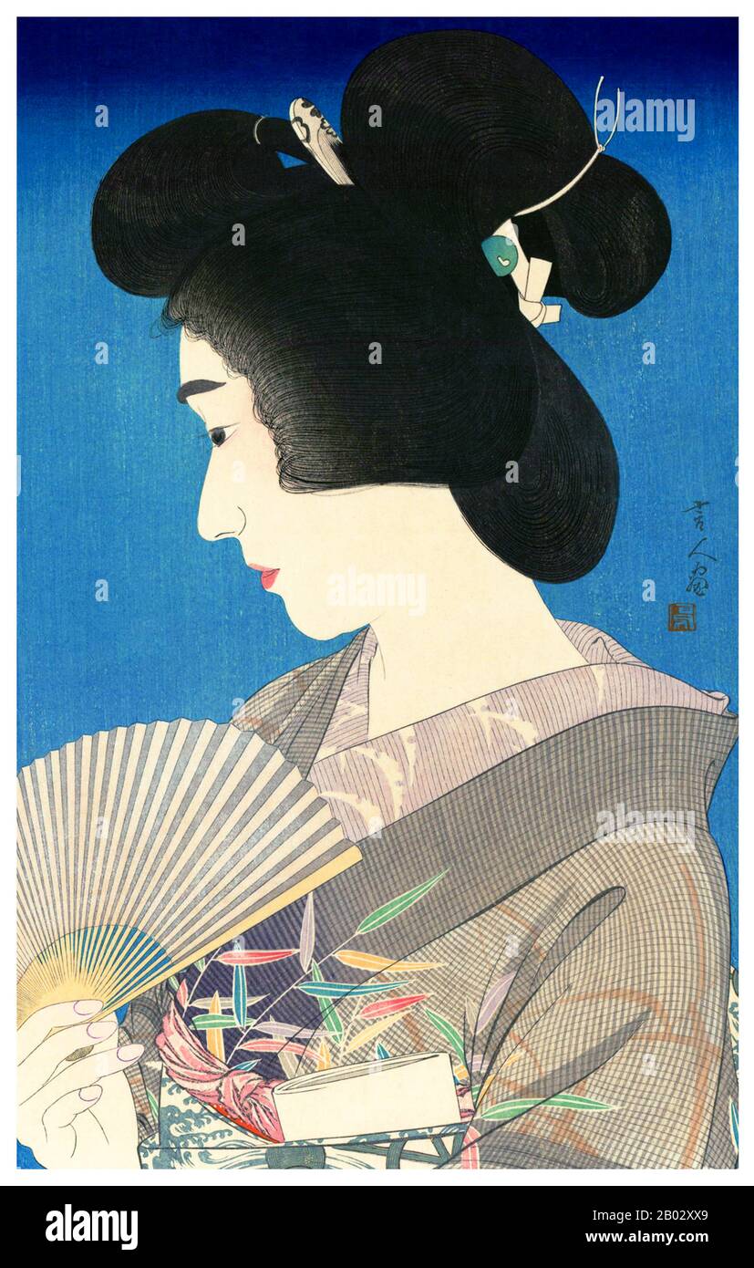 Torii Kotondo est connu pour avoir fait seulement 21 tirages - tous des images de bijin ou de belles femmes. Ils appartiennent aux plus belles œuvres d'art du mouvement Shin Hanga. Shin hanga (« nouveaux tirages ») était un mouvement artistique au début du XXe siècle au Japon, pendant les périodes Taisho et Showa, qui a revitalisé l'art ukiyo-e traditionnel enraciné dans les périodes Edo et Meiji (XVIIe et XIXe siècle). Le mouvement a prospéré entre 1915 et 1942, bien qu'il ait repris brièvement de 1946 à 1950. Inspirés par l'impressionnisme européen, les artistes ont incorporé des éléments occidentaux tels que les effets de la lumière et du Banque D'Images