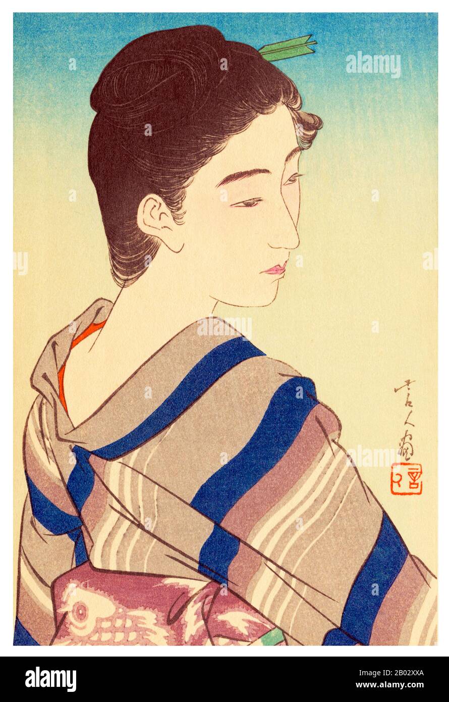 Torii Kotondo est connu pour avoir fait seulement 21 tirages - tous des images de bijin ou de belles femmes. Ils appartiennent aux plus belles œuvres d'art du mouvement Shin Hanga. Shin hanga (« nouveaux tirages ») était un mouvement artistique au début du XXe siècle au Japon, pendant les périodes Taisho et Showa, qui a revitalisé l'art ukiyo-e traditionnel enraciné dans les périodes Edo et Meiji (XVIIe et XIXe siècle). Le mouvement a prospéré entre 1915 et 1942, bien qu'il ait repris brièvement de 1946 à 1950. Inspirés par l'impressionnisme européen, les artistes ont incorporé des éléments occidentaux tels que les effets de la lumière et du Banque D'Images