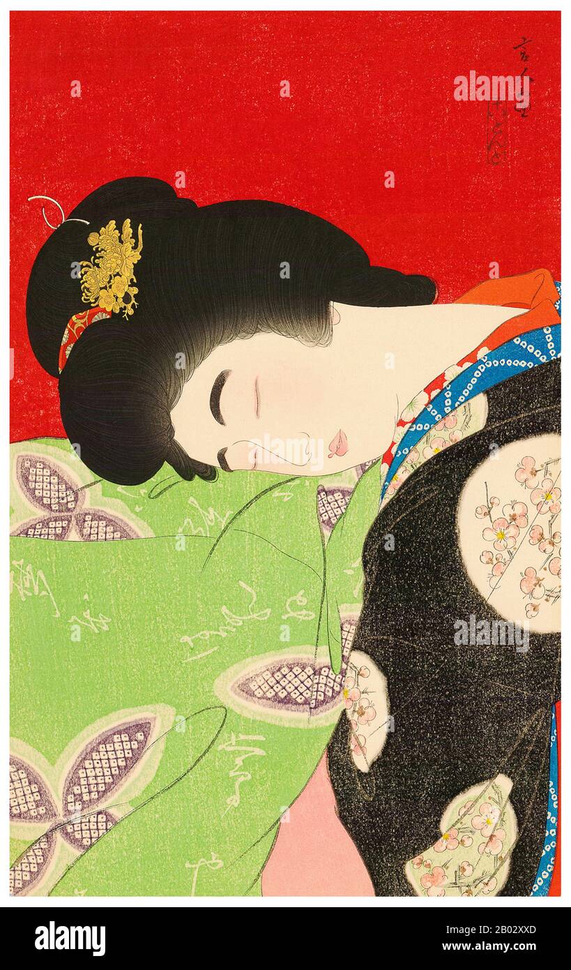 Torii Kotondo est connu pour avoir fait seulement 21 tirages - tous des images de bijin ou de belles femmes. Ils appartiennent aux plus belles œuvres d'art du mouvement Shin Hanga. Shin hanga (« nouveaux tirages ») était un mouvement artistique au début du XXe siècle au Japon, pendant les périodes Taisho et Showa, qui a revitalisé l'art ukiyo-e traditionnel enraciné dans les périodes Edo et Meiji (XVIIe et XIXe siècle). Le mouvement a prospéré entre 1915 et 1942, bien qu'il ait repris brièvement de 1946 à 1950. Inspirés par l'impressionnisme européen, les artistes ont incorporé des éléments occidentaux tels que les effets de la lumière et du Banque D'Images