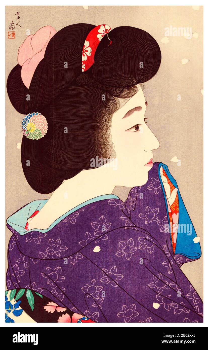 Torii Kotondo est connu pour avoir fait seulement 21 tirages - tous des images de bijin ou de belles femmes. Ils appartiennent aux plus belles œuvres d'art du mouvement Shin Hanga. Shin hanga (« nouveaux tirages ») était un mouvement artistique au début du XXe siècle au Japon, pendant les périodes Taisho et Showa, qui a revitalisé l'art ukiyo-e traditionnel enraciné dans les périodes Edo et Meiji (XVIIe et XIXe siècle). Le mouvement a prospéré entre 1915 et 1942, bien qu'il ait repris brièvement de 1946 à 1950. Inspirés par l'impressionnisme européen, les artistes ont incorporé des éléments occidentaux tels que les effets de la lumière et du Banque D'Images