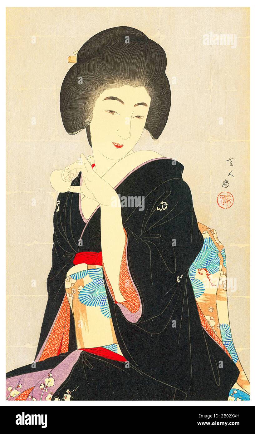 Torii Kotondo est connu pour avoir fait seulement 21 tirages - tous des images de bijin ou de belles femmes. Ils appartiennent aux plus belles œuvres d'art du mouvement Shin Hanga. Shin hanga (« nouveaux tirages ») était un mouvement artistique au début du XXe siècle au Japon, pendant les périodes Taisho et Showa, qui a revitalisé l'art ukiyo-e traditionnel enraciné dans les périodes Edo et Meiji (XVIIe et XIXe siècle). Le mouvement a prospéré entre 1915 et 1942, bien qu'il ait repris brièvement de 1946 à 1950. Inspirés par l'impressionnisme européen, les artistes ont incorporé des éléments occidentaux tels que les effets de la lumière et du Banque D'Images