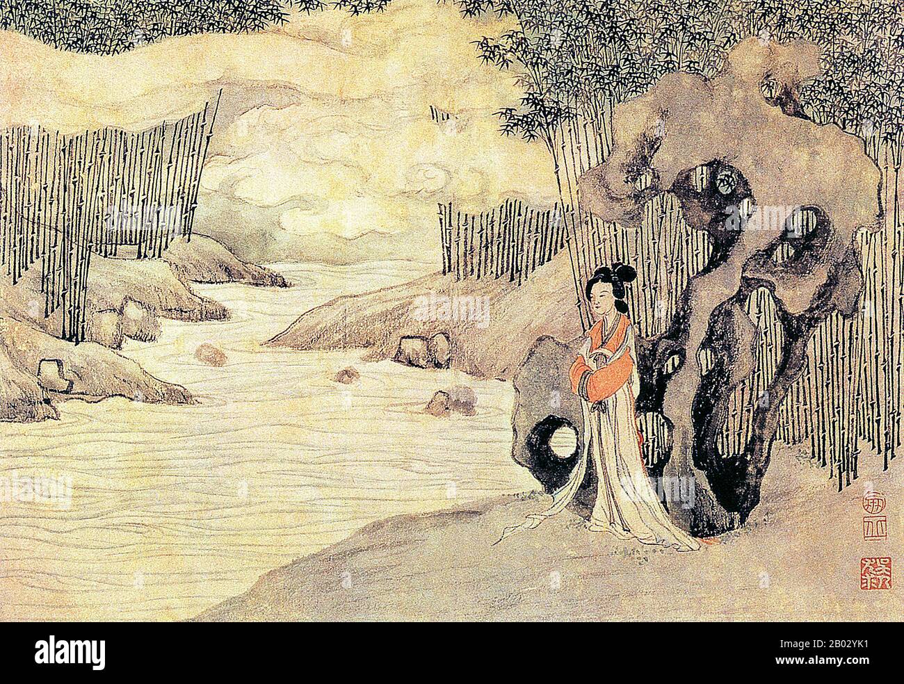 Tang Yin était un érudit chinois, peintre, calligraphe et poète de la dynastie Ming dont l'histoire de la vie est devenue une partie du minerai populaire. Même s'il est né pendant la dynastie Ming, beaucoup de ses peintures (en particulier des peintures de personnes) ont été illustrées avec des éléments de pré-Tang à la dynastie Song. Tang Yin est l'un des peintres les plus remarquables de l'histoire de l'art chinois. Il est l'un des 'Quatre maîtres de la dynastie Ming' (Ming si Jia), qui comprend également Shen Zhou (1427–1509), Wen Zhengming (1470–1559) et Qiu Ying (CA. 1495-1552). Tang était aussi un poète talentueux. Banque D'Images