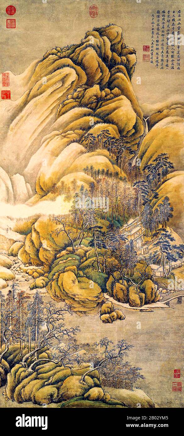 Wang Wei était l'un des hommes d'arts et de lettres les plus célèbres de son époque. Beaucoup de ses poèmes sont préservés et vingt-neuf ont été inclus dans l'anthologie très influente du XVIIIe siècle 'Trois Cent Poèmes de Tang'. Wang Shimin était peintre de paysages chinois pendant la dynastie Qing (1644–1911). Banque D'Images