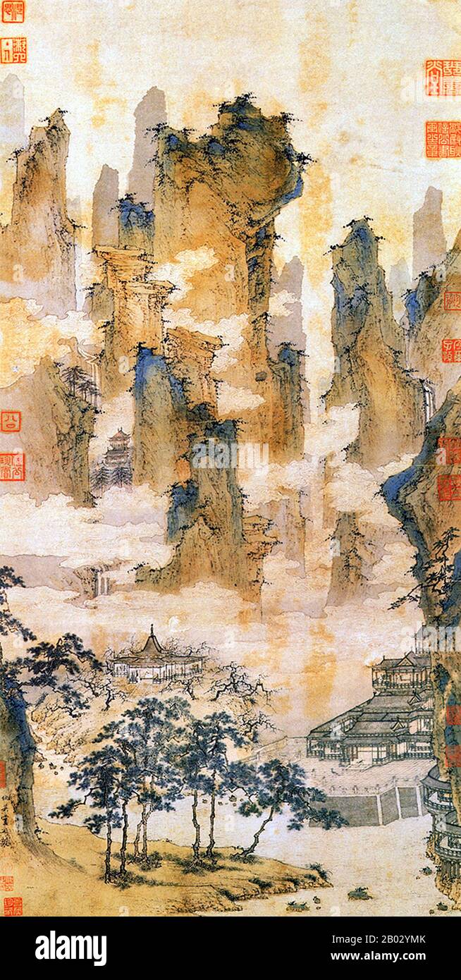Qiu Ying (Wade–Giles: Ch'iu Ying) était un peintre chinois spécialisé dans la technique de brosse gongbi. Qiu Ying est né dans une famille paysanne de Taicang (province du Jiangsu) et étudie la peinture sous Zhou Chen à Suzhou. Bien que la Wu School de Suzhou ait encouragé la peinture dans les lavages d'encre, Qiu Ying a également peint dans le style vert et bleu. Il a peint avec le soutien de riches patrons, créant des images de fleurs, de jardins, de sujets religieux et de paysages dans les modes de la dynastie Ming. Il a incorporé différentes techniques dans ses peintures, et a acquis quelques riches patrons. Son talent et ve Banque D'Images