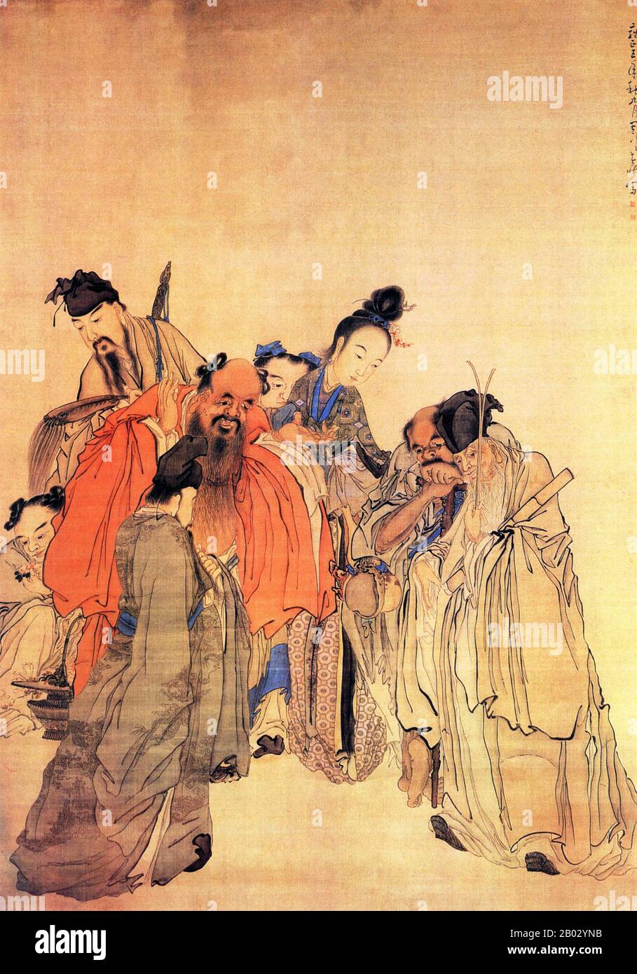 Huang Shen était un peintre chinois pendant la dynastie Qing. Huang est né à Ninghua, province de Fujian, dans une famille pauvre. Il a commencé son entraînement sous le peintre Shangguan Zhou. Dans la première partie de sa carrière, il a excellé à la calligraphie cursive et a favorisé un style méticuleux inspiré de ni Zan. Il est devenu plus connu comme un innovateur artistique qui était l'un des Huit Eccentriques de Yangzhou. Quand il est venu aux peintures de personnes il a favorisé des images de personnes religieuses, historiques et communes. Ses œuvres les plus célèbres incluent le Monk Ivre et le berger su Wu. Banque D'Images