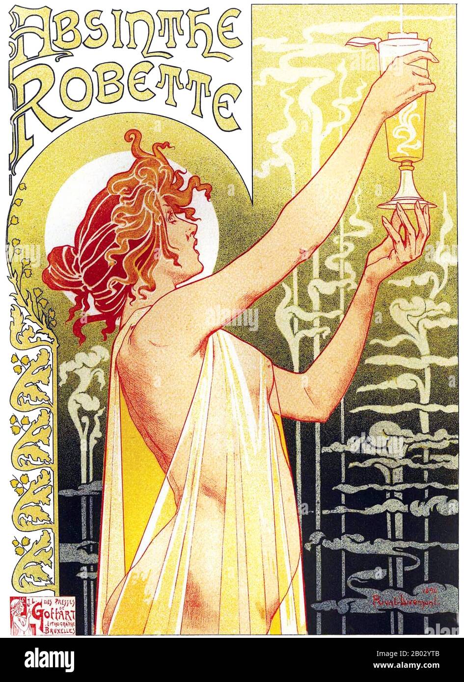 Henri Privat-Livemont (1861-1936) est un artiste né à Schaerbeek, Bruxelles, Belgique. Il est plus connu pour ses affiches Art nouveau. De 1883 à 1889, il travaille et étudie dans les studios de Lemaire, Lavastre et Duvignaud. Avec Lemaire, il crée le décor du Théâtre Francais ainsi que de l'Hôtel de Ville, Paris. Il est ensuite revenu à Bruxelles, et a travaillé sur les théâtres et les casinos là-bas. Banque D'Images