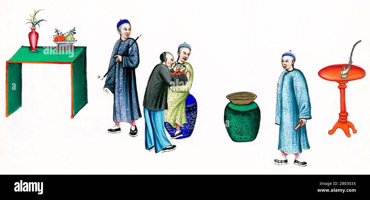 La dynastie Qing, aussi appelée l'Empire du Grand Qing, ou la dynastie Manchu, fut la dernière dynastie impériale de Chine, régnant de 1644 à 1912 avec une restauration brève et avortée en 1917. Il a été précédé par la dynastie Ming et remplacé par la République de Chine. L'empire multiculturel Qing a duré près de trois siècles et a constitué la base territoriale de l'État chinois moderne. Banque D'Images