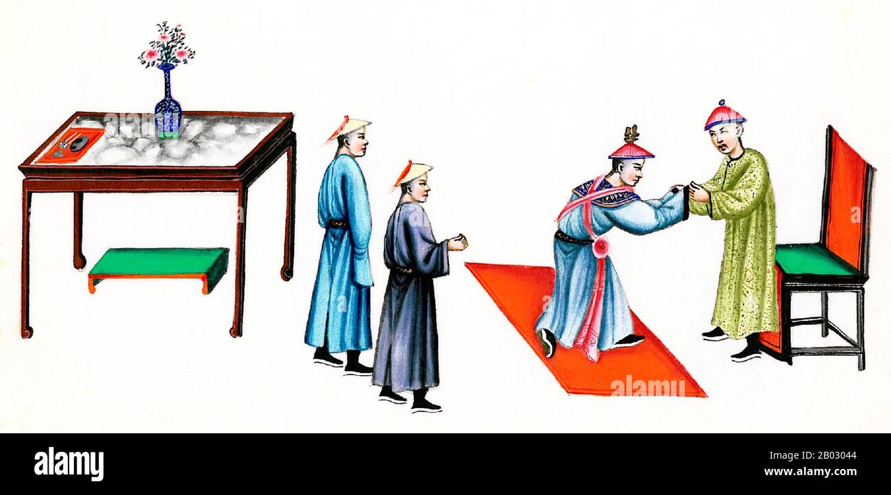La dynastie Qing, aussi appelée l'Empire du Grand Qing, ou la dynastie Manchu, fut la dernière dynastie impériale de Chine, régnant de 1644 à 1912 avec une restauration brève et avortée en 1917. Il a été précédé par la dynastie Ming et remplacé par la République de Chine. L'empire multiculturel Qing a duré près de trois siècles et a constitué la base territoriale de l'État chinois moderne. Banque D'Images