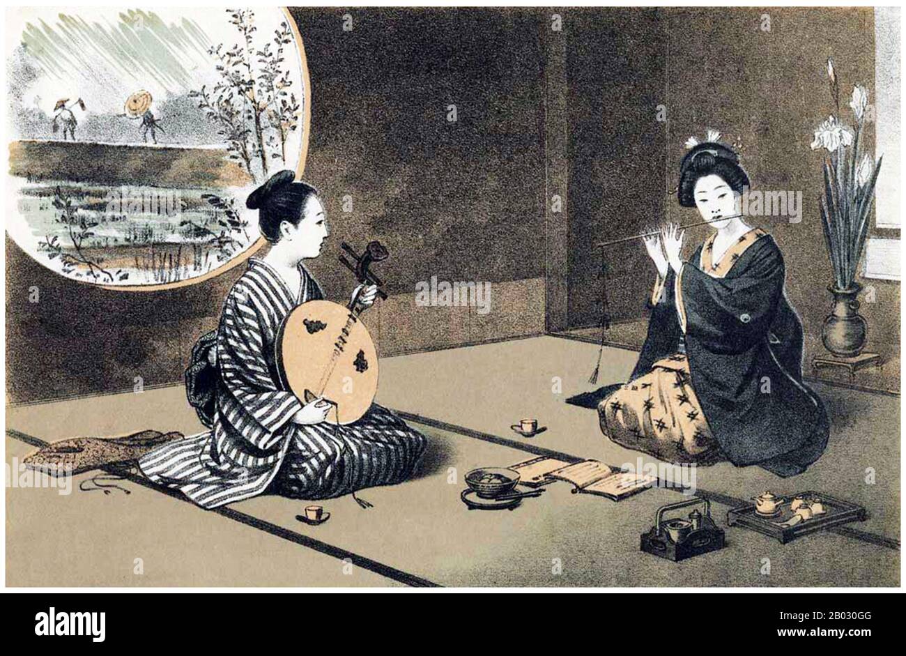 Le musicien de gauche joue un gekkin ou un luth chinois (yueqin), tandis que celui de droite l'accompagne d'une flûte kiyoshi ou bambou (flûte Qingdi ou 'Qing'). Ces deux instruments sont associés à la musique chinoise de la dynastie Qing au Japon traditionnel. Banque D'Images