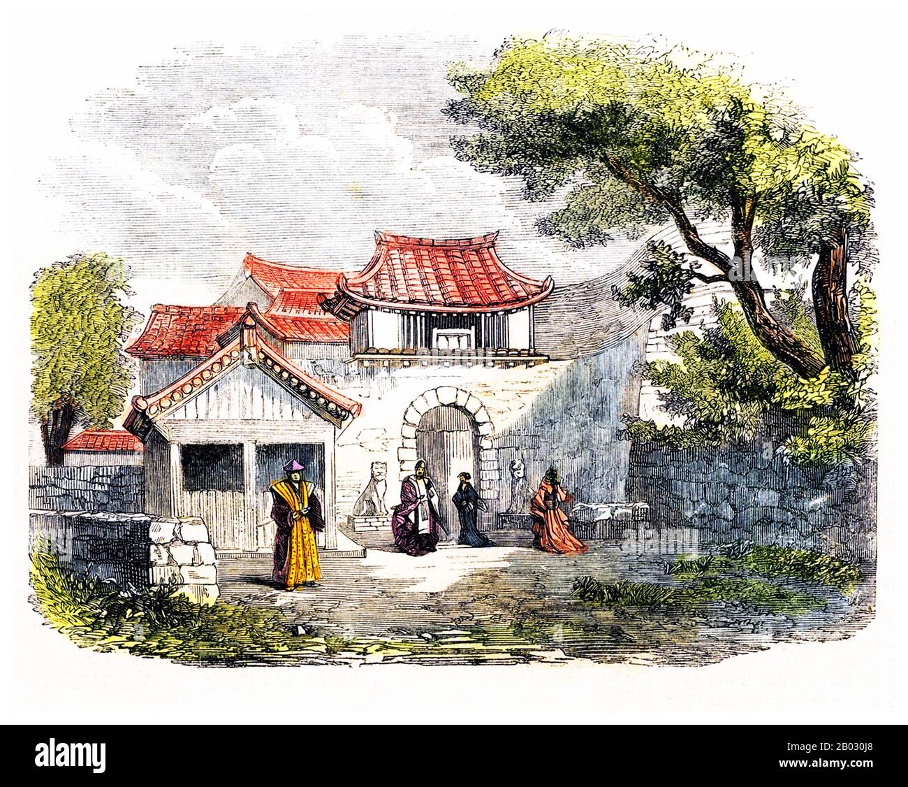 Le Royaume de Ryukyu (nom anglais historique : Lewchew, Luchu ou Loochoo) était un royaume indépendant qui dirigeait la plupart des îles Ryukyu du XVe au XIXe siècle. Les rois de Ryukyu uniquent l'île d'Okinawa et étendent le royaume aux îles Amami dans la préfecture moderne de Kagoshima, et aux îles Sakishima près de Taiwan. Malgré sa petite taille, le royaume a joué un rôle central dans les réseaux commerciaux maritimes de l'Asie orientale et du Sud-est médiévale. Banque D'Images