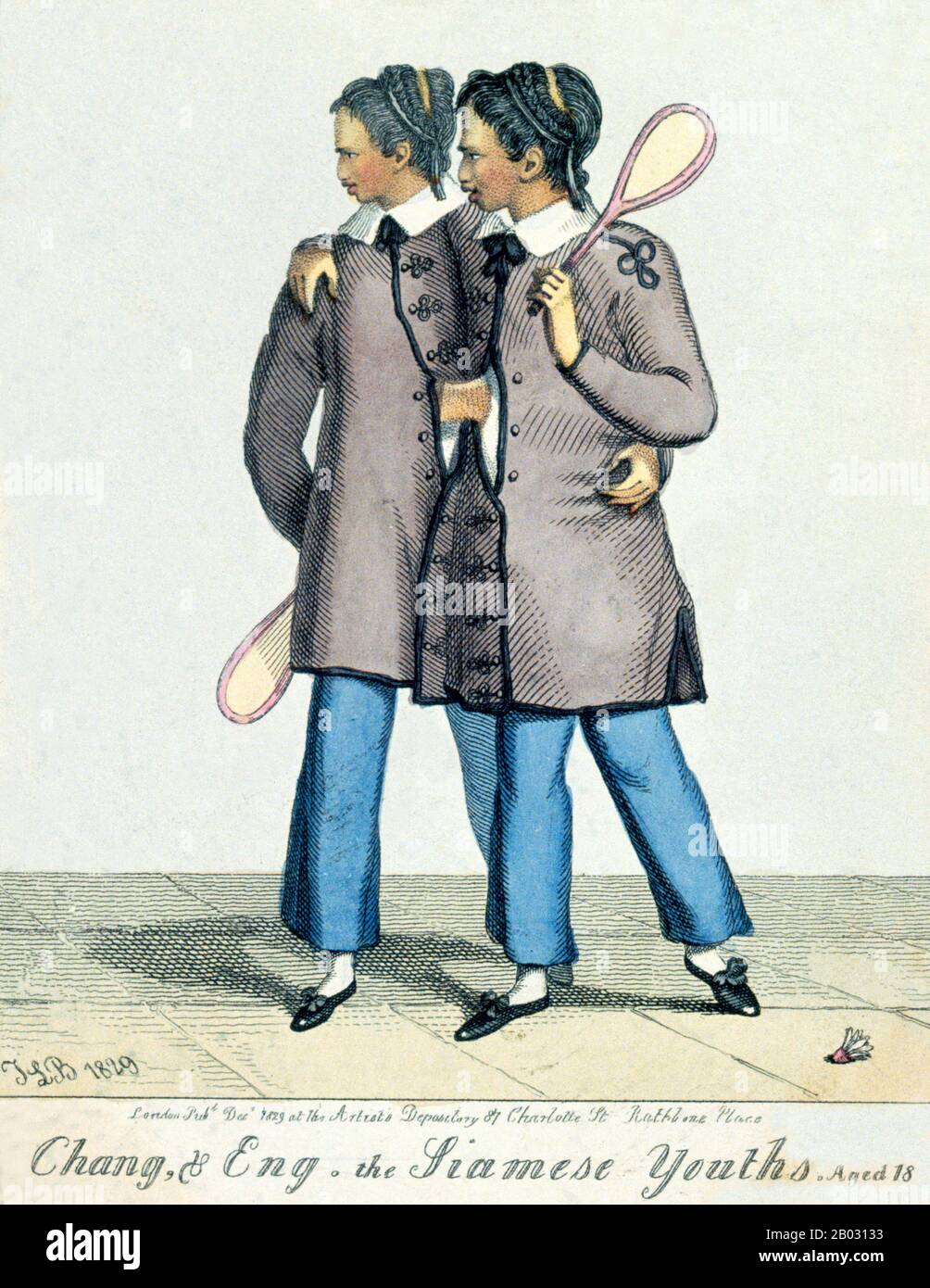 Chang et Eng Bunker (11 mai 1811 – 17 janvier 1874) étaient des frères jumeaux thaïlandais-américains dont la condition et le lieu de naissance sont devenus la base du terme 'jumeaux siamois'. Les frères Bunker sont nés le 11 mai 1811 dans la province de Samut Songkram, près de Bangkok, dans le Royaume de Siam (Thaïlande d'aujourd'hui). Leur père pêcheur était un Chinois thaïlandais, alors que leur mère était un Chinois malaisien. En raison de leur héritage chinois, ils étaient connus localement sous le nom de "Twins chinois". Les frères ont été joints au sternum par un petit morceau de cartilage, et bien que leurs foies aient été fusionnés, ils nous Banque D'Images