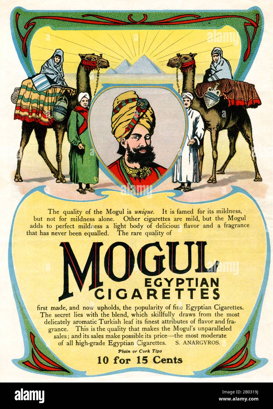 Au début des années 1900, les fabricants de cigarettes turques et égyptiennes ont triplé leurs ventes et sont devenus de grands concurrents des grandes marques. L'une des précédentes cigarettes de tabac turques, Mogul, a été introduite en 1892 par Soterios Anargyros, un tobacconiste grec basé à New York. Bien que probablement faite d'un mélange turc, les Moguls ont été annoncés comme des «Cigarettes égyptiennes». De nombreuses annonces Mogul ont présenté des modèles de haute société dans le vêtement occidental, plaçant la cigarette comme un produit de luxe, tandis que d'autres ont incorporé des motifs Orientalistes ou des modèles habillés en robe du Moyen-Orient. Banque D'Images